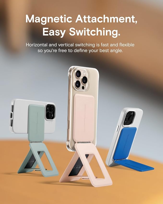 MOFT Phone Stand, Magnetic Phone Tripod Stand Stain-Resistant MOVAS Leather & Angle Adjustment & Strong Magnets Tripod for iPhone 16/15/14/13/12 (Included Metal Ring)-Seafoam