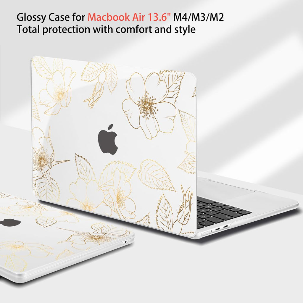 Teryeefi for MacBook Air 13.6 inch Case M5 M4 M3 M2 2022 2023 2024 2025 Model A2681 A3113 A3240 A3449 Plastic Hard Shell Cover with Screen Protector & Keyboard Cover & USB Adapter, Gold Flower Leaf