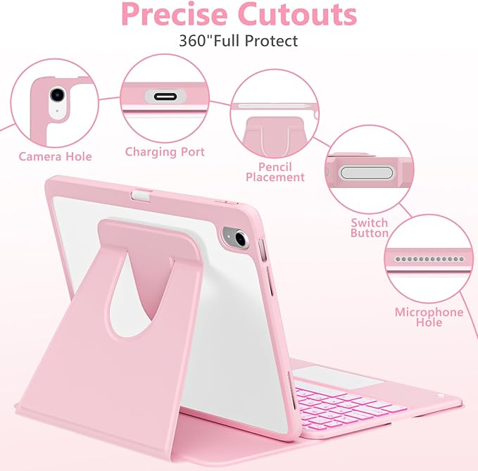 TaIYanG Touchpad for iPad A16 11th/10th Generation Case with Keyboard, 7 Color Backlit 360 Rotation Cover with Pencil Holder,Detachable Keyboard for iPad 11 inch 2025/10th Gen 10.9'' 2022 (Light Pink)