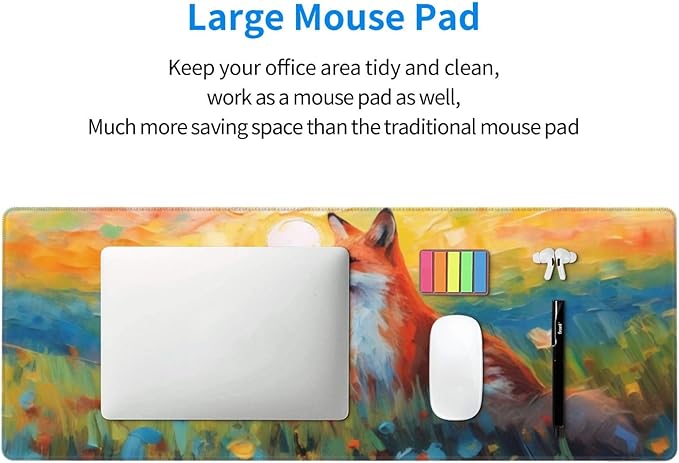 Gaming Mouse Pad, Large Non-Slip Rubber Base Mousepad, Keyboard Mouse Mat, Desk Pad with Stitched Edges, 31.5x11.8inch, Fox