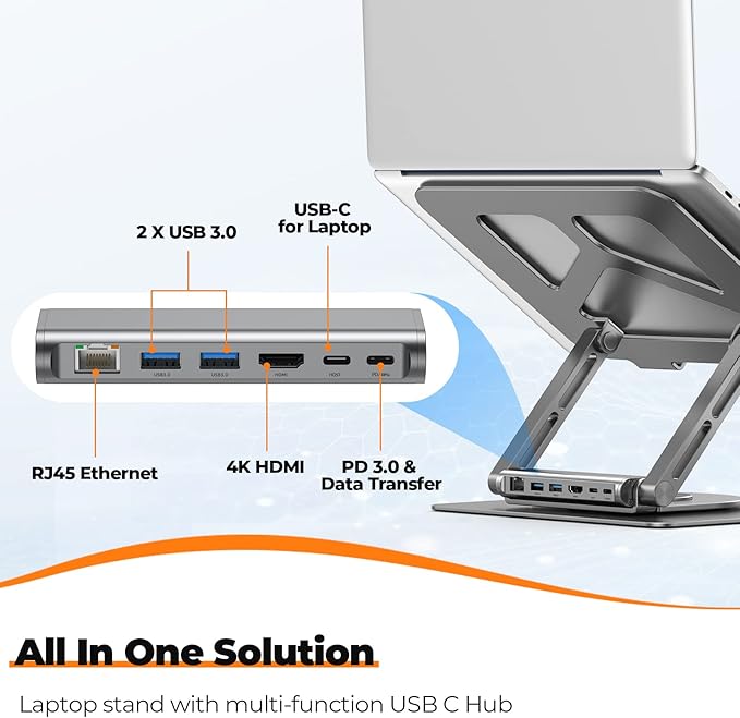 Tobenone Laptop Docking Station Stand for MacBook Pro/Air/Dell/HP/Surface/Lenovo, Mac Docking Station with 4K HDMI, USB 3.0, RJ45, PD 3.0, USB C Laptop Stand Hub for Desk with 360 Rotating Base Grey