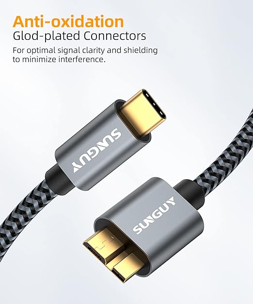 SUNGUY 10Gbps Micro B to USB C Hard Drive Cable 3FT, USB 3.1 USB C to Micro B, High-Speed External Hard Drive USB C Cable for iPhone 16 15 Pro/Pro Max, MacBook Pro/Air, WD Toshiba Westgate Seagate