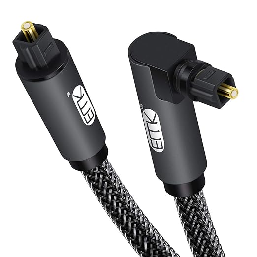 EMK 90 Degree Toslink Optical Cable 360 Degree Free-Rotating Plug Fiber Optic Cable S/PDIF Toslink Male to Male for Home Theater, Sound Bar, TV, PS4, Xbox,Grey (5ft/1.5m)