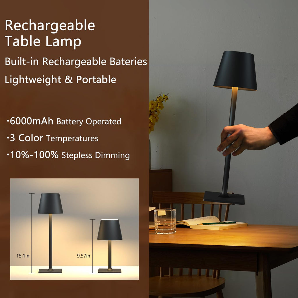 Fizrice 4 Pack Cordless Table Lamps, Portable Rechargeable Lamp, 6000mAh Battery Operated, 3 Color Dimmable LED Table Light for Restaurant/Bedroom/Outdoor Party/Camping/Cafe Night Light(Black)