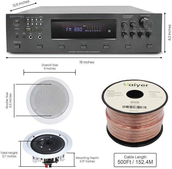 Vaiyer Home Audio System Kit, 6-Channel 6000 Watts Bluetooth Amplifier with 6.5" 8 QTY of 200 W Each in-Wall in-Ceiling Speakers & 16AWG 500 ft. Speaker Wire Perfect for Home, Office, Restaurants, Bar