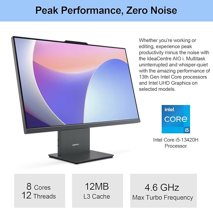 Lenovo 2024 IdeaCentre I Business All-in-One, 27" FHD Touchscreen 100Hz, Intel Core i5-13420H, 16GB DDR5 RAM, 2TB SSD, Wireless Charging Base, Wireless KB & Mouse, Wi-Fi 6, Windows 11 Pro, Grey