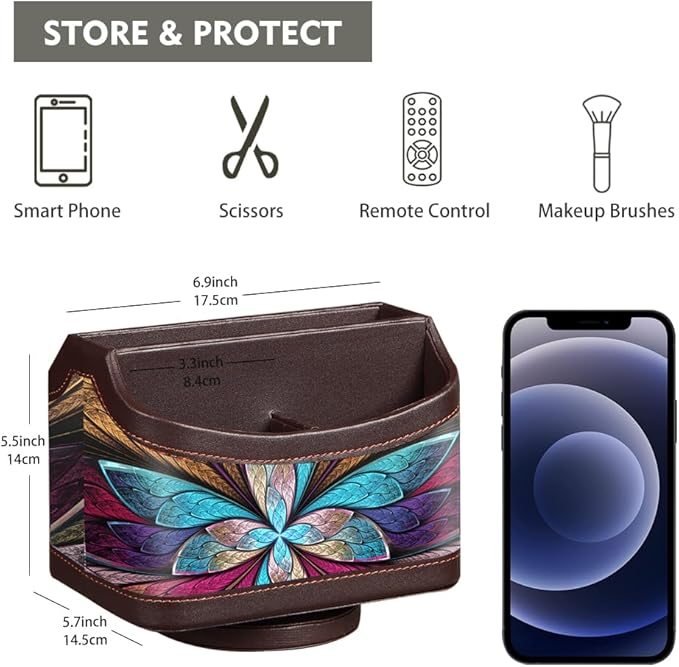 Fanousy 360° Rotating Remote Control Holder, PU Leather TV Remote Caddy Organizer Basket Storage Box with 5 Compartments for Pen, Pencil, Art Supplies, Makeup Brush, Office Desk Table Accessories