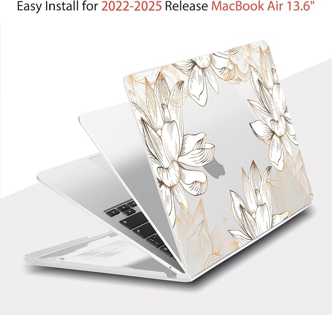 Teryeefi Compatible with M4 MacBook Air 13.6 inch Case 2022-2025 Release M3 A3113 M2 A2681 with Touch ID, Design Hard Shell Case+Keyboard Cover+Screen Protector+Type C Adapter, W-Gold Flower Line