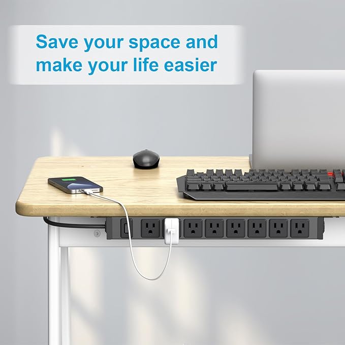 HHSOET Metal 360° Rotating Mountable Power Strip, 8 Outlet Gaming Table Mounted Outlet Strip, Heavy Duty Wall Mount Surge Protector with Switch, 15A 125V 1875W, 6ft Power Cord.(Black)