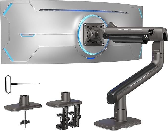 HUANUO Heavy Duty Monitor Arm for Ultrawide Screens up to 49", Holds 40 lbs,Aluminum Ultrawide Screen Desk Mount,Fully Adjustable Single Monitor Mount with C-clamp, Grommet Base, Max VESA 100x100