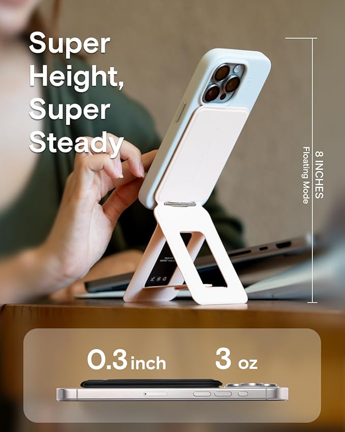 MOFT Phone Stand, Magnetic Phone Tripod Stand Stain-Resistant MOVAS Leather & Angle Adjustment & Strong Magnets Tripod for iPhone 16/15/14/13/12 (Included Metal Ring)-Misty Cove
