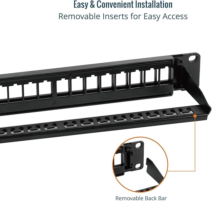 Tecmojo 24-Port Blank Keystone Patch Panel, 1U 19" Rackmount Housing with Cable Management Support Bar, Black