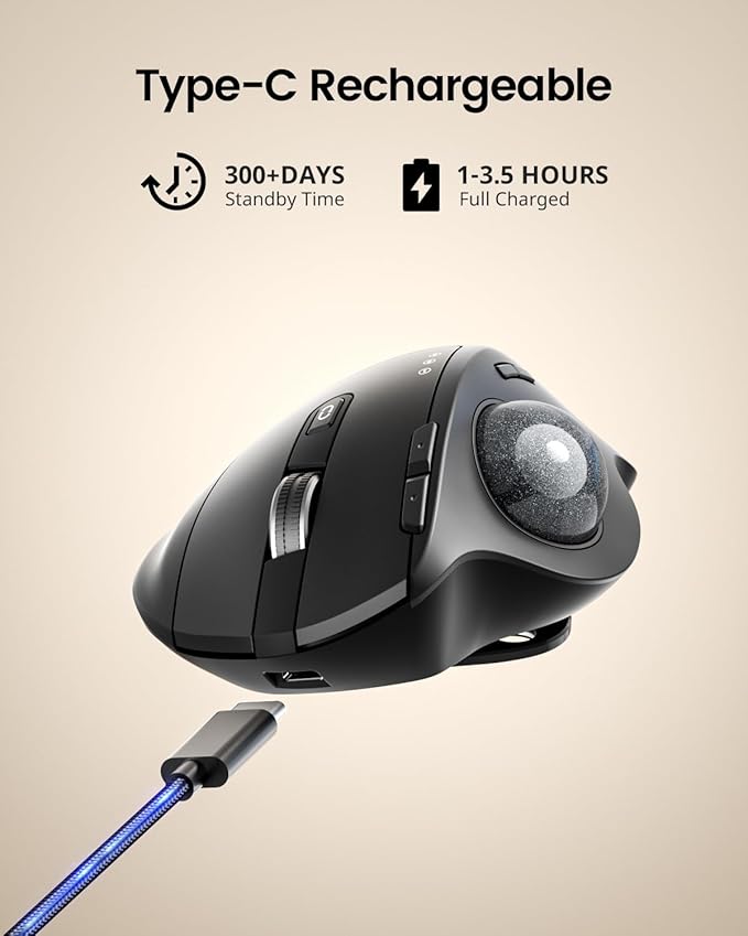 ProtoArc Wireless Trackball Mouse, EM01 NL Ergonomic Bluetooth Rollerball Thumb Rechargeable Computer Laptop Mouse, Adjustable Angle & 3 Device Connection for PC, Mac, Windows-Gray Ball