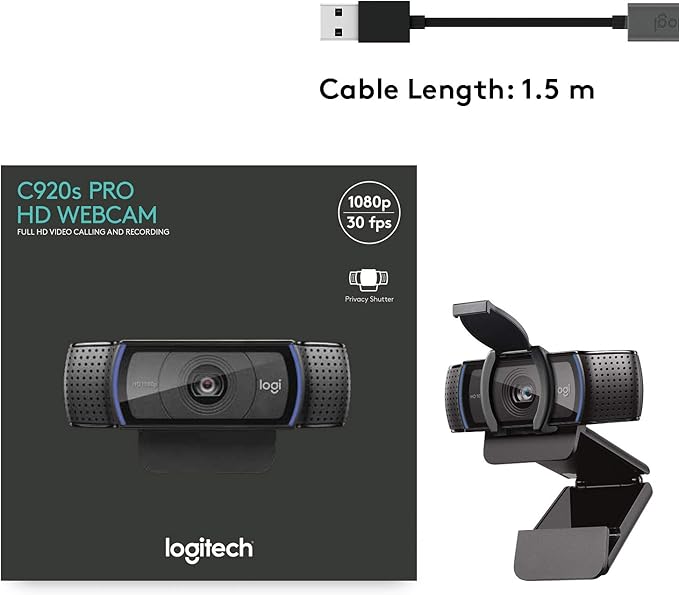 Logitech C920S HD Pro Webcam, Full HD 1080p/30fps Video Calling, Clear Stereo Audio, Light Correction, Privacy Shutter, Works with Skype, Zoom, FaceTime, Hangouts, PC/Mac/Laptop/Tablet/XBox - Black