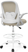 Drafting Chair Tall Office Chair with Flip-up Armrests, Adjustable Height, and Enhanced Lumbar Support - Ergonomic Rolling Stool, Back Support, and Adjustable Foot Rest Ring for Standing Desk Khaki