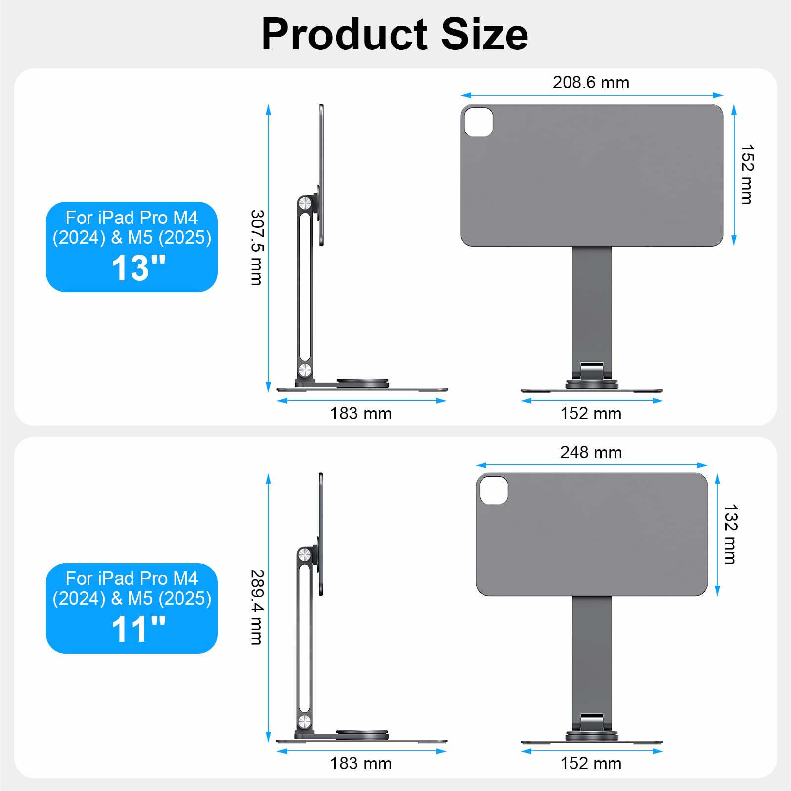 GEWOKLIY Magnetic iPad Pro M4&M5 11-inch Stand with Wireless Charging 18W, 360° Rotating Aluminum Tablet Holder for iPad Pro M4/M5 11-inch, Adjustable Desk Mount Series (M4/M5-11inch)