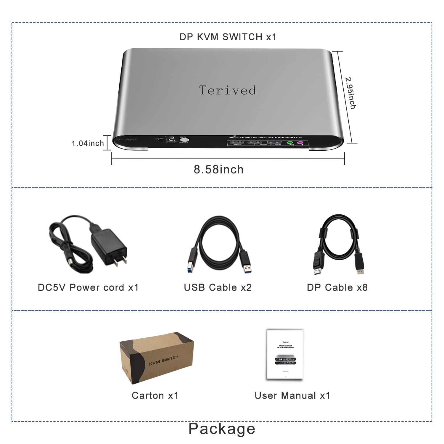 Terived 2 Port DP USB 3.0 Automatic KVM Switch Quad Monitor Two Computers Four DisplayPort Monitors, 8K@30Hz 4K@144Hz, Aluminum hotkey Audio Microphone, Digital Display, HDR10 with Cables