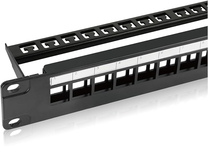 Tecmojo 24-Port Blank Keystone Patch Panel, 1U 19" Rackmount Housing with Cable Management Support Bar, Black