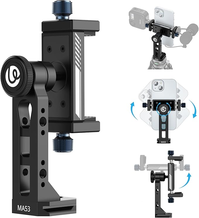 Ulanzi MA53 Metal Tripod Phone Mount, Smartphone Tripods Adapter with Arca Swiss/Uka Port, 2 Cold Shoe, 360° Cellphone Tripod Mount, iPhone Samsung Holder for Photo Video Vlogging Rig