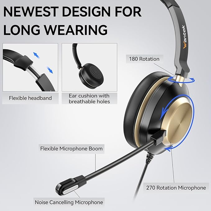 Headset with Mic, USB Headset with Microphone, Computer Headset with Noise Cancelling Microphone for Laptop PC, Mute in-line Controls