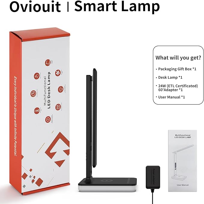LED Desk Lamp for Home Office, USB Charging Port, Reading Lamp Desk Light with 5 Brightness, 3 Colors, Table Lamp with Clock, Alarm, Date, Temperature, Desk Lamp for College Dorm Room (Black)