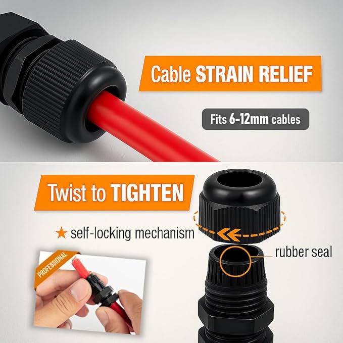 MGI SpeedWare 1/2" NPT Strain Relief Nylon Cord Grip Cable Glands, Black Plastic Grommet 20-Pack