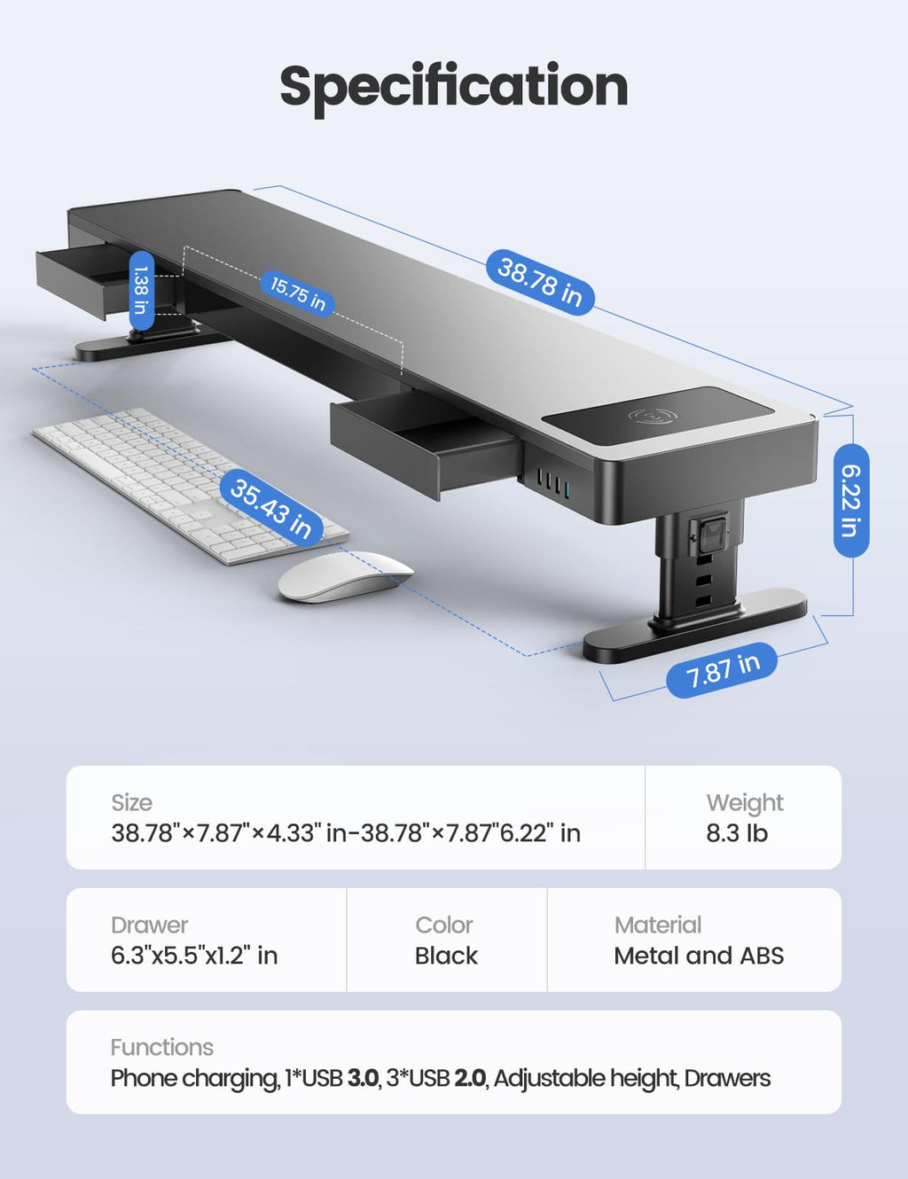 meatanty Dual Monitor Stand with 4 Adjustable Heights, Auto Phone Charging Pad, 4 USB Ports, Computer Riser with Drawers Storage, Metal Double Desk Organizer Lifter Raiser for 2 Monitors Screen Gift
