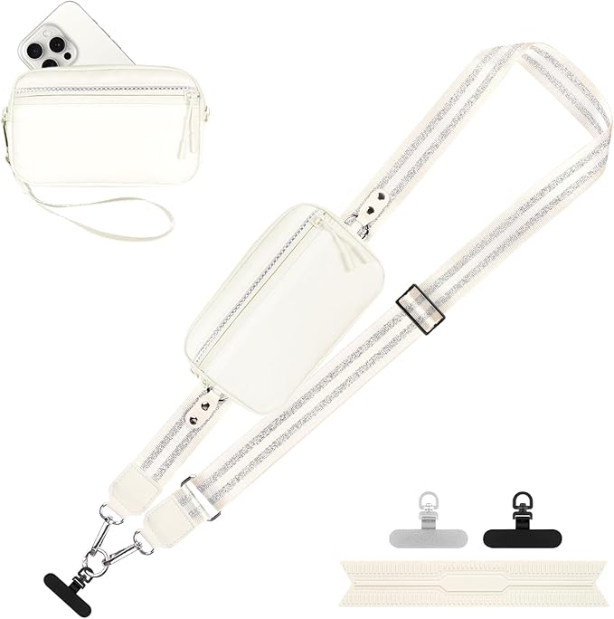 Clip and Go Strap for Phone with Wallet Crossbody, Adjustable Phone Lanyard with Detachable RFID Wristlet Wallet, Pattern Strap - Cream&Silver (L)