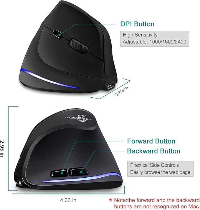TRELC Wireless Mouse Tri-Mode (BT 5.0/3.0+2.4GHz), Ergonomic Vertical Mouses with 3 Adjustable DPI, Rechargeable Optical Wireless Mice for 3 Devices, 7 Buttons for PC, Desktop, Laptop, Tablet (Black)