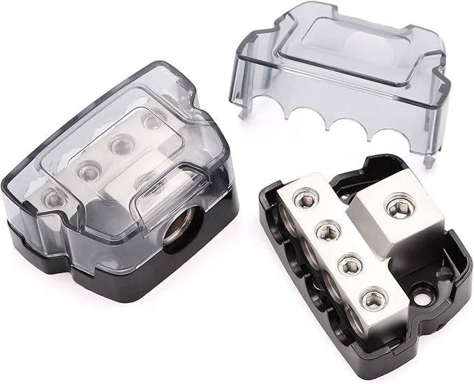 4 Way Power Distribution Block 1x 0/2/4 Gauge in 4X 4/8/10 Gauge Out Nickel Plated Car Audio Splitter Amp Distribution Connecting Block,2Pcs