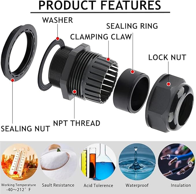 PENGLIN Cable Glands 1/2" NPT Nylon Cable Connector, Strain Relief Cord Connector, IP68 Waterproof Adjustable Locknut(1/2 Inch (50-Pack))