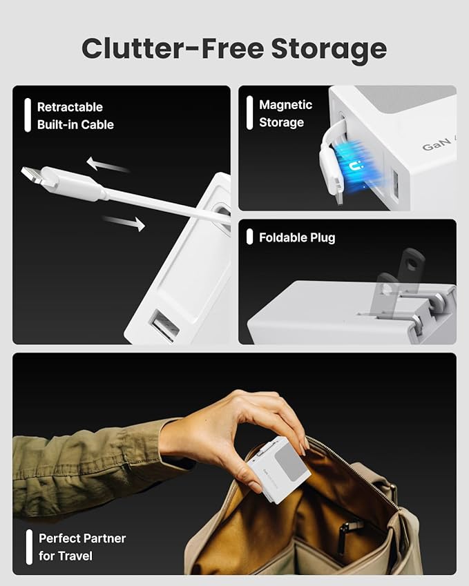 Gitryin 1 Lightning Retractable Wall Charger and 12-in-1 Desktop Charging Station with 4 Type-C Retractable Wall Chargers