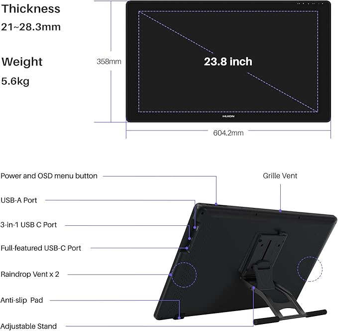HUION Kamvas 24 Plus 2.5K QHD Graphic Drawing Tablet with Screen, 140%sRGB Full-Laminated QD Drawing Monitor with Battery-Free Stylus 8192 Pen Pressure Tilt for PC, Mac, Android, 23.8inch Pen Display