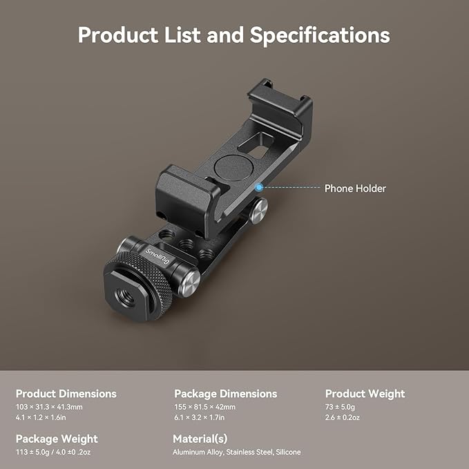 SMALLRIG Metal Phone Holder Support with Cold Shoe Mount, Universal Smartphone Adapter Support Free Adjustment Joints, Phone Tripod Mount for iPhone 16/15, for Samsung Galaxy etc-4382