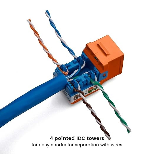 trueCABLE Cat6 Keystone Jack, Unshielded (UTP), 90 Degree Punch-Down, PoE++ (4PPoE) 100W, UL Listed, ETL Verified, ANSI/TIA Certified, Modular RJ45 Female, Orange, 12 Pack