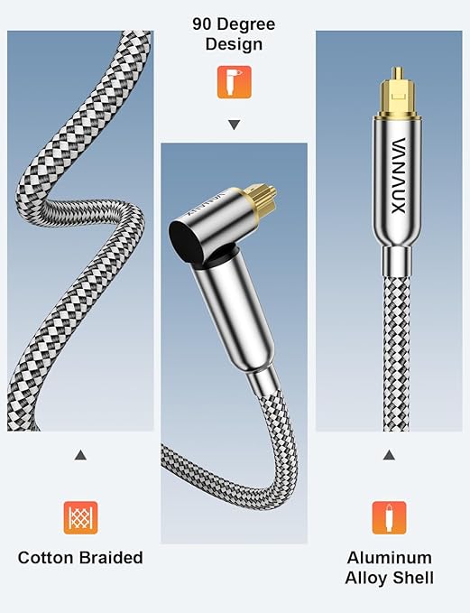 VANAUX 90-Degree Optical Audio Cable 3FT,Premium Fiber Optic Toslink Cable(24K Gold-Plated Connectors,Aluminum Alloy Shell,Braided Jacket)Ideal for Tight Spaces,Home Theater,Soundbars,Gaming Consoles