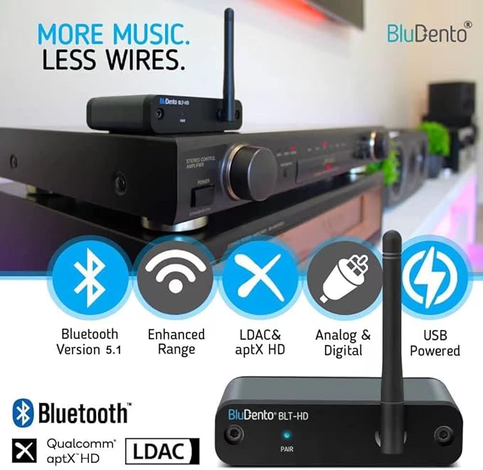 BLT-HD aptX HD Bluetooth Receiver, Hi-Fi Bluetooth v5.1 Audio Adapter with TI DAC,Analog RCA Output, Digital Coaxial and Optical Output with Enhanced Working Range