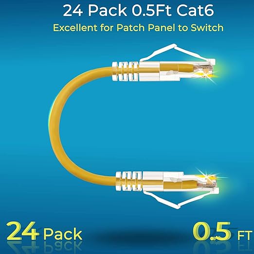 Rapink Patch Cables Cat6/ Cat6a 0.5ft (24 Pack) Slim, Cat6a Ethernet Patch Cable 10G Support, Snagless Cat 6 Patch Cable for Patch Panel to Switch, Flexiable Cat6 Ethernet Cable Yellow