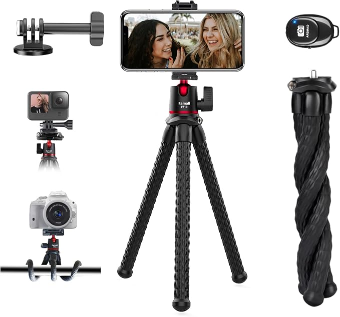 Famall Flexible Phone Tripod for GoPro, Mini Camera Stand with Remote, 1/4'' Screw with Phone Holder&Cold Shoe, Tripod Holder for iPhone Samsung Canon Nikon Sony Streaming Vlog Smartphone