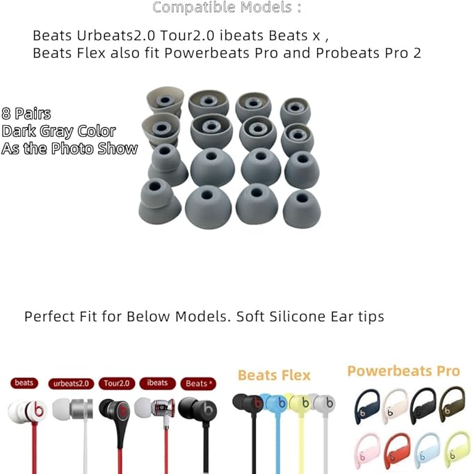 Replacement Ear Tips for Beats Urbeats2.0 Tour2.0 ibeats Beats x, Beats Flex Secure Fit for Powerbeats Pro Silicone Earbuds Washable Sweat-Resistant Noise Isolation 8 Pairs (Dark Grey)