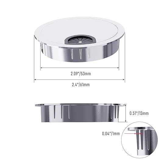 2 Pack Desk Grommet 2-1/8 Inch 53mm, Zinc Alloy Computer Desk Wire Hole Cover, Office Desktop Cord Cable Hole Metal Ring, Bright Silver