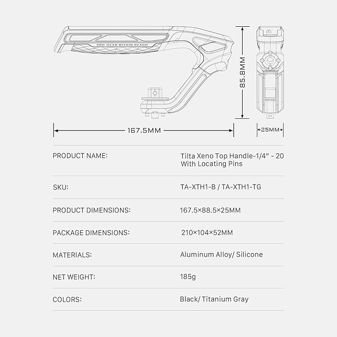 Tilta Xeno Top Handle for Filmmakers & Cameras - Titanium Gray | Aluminum Alloy and Silicone Build | Safety Release Pin | Comfortable Handling (1/4″-20 and 3/8″-16 Threads w/Locating Points)