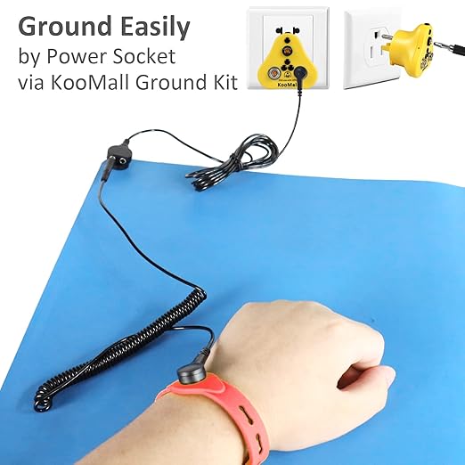 KooMall 36 x 24 Inch ESD Rubber Mat Kits, Anti Static Table Floor Pad for Electronic Device Repair Solder Assembly PC Building, W/H Grounding Kit- Antistatic Wrist Straps Bracelets Cord Plugs, Blue