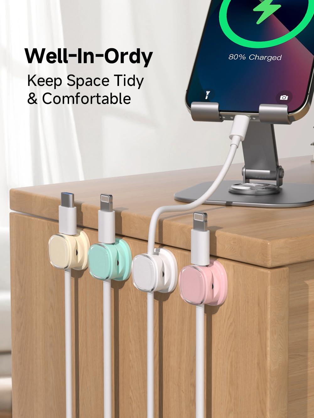 Magnetic Cable Clips, Adjustable Cord Holder Management, Adhesive Wire Keeper Organizer for Home Office Desk Phone PC Car Wall Desktop Nightstand Appliance (9-PCS White_Purple_Cyan_Apricot)