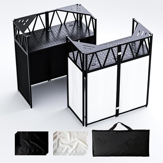 Portable DJ Booth Table,Foldable DJ Table Stand Portable with White & Black Scrim,Adjustable DJ Facade Table Station Triangle Plate Metal Frame DJ Table with Cable Hole for Private Events, Clubs, Bars