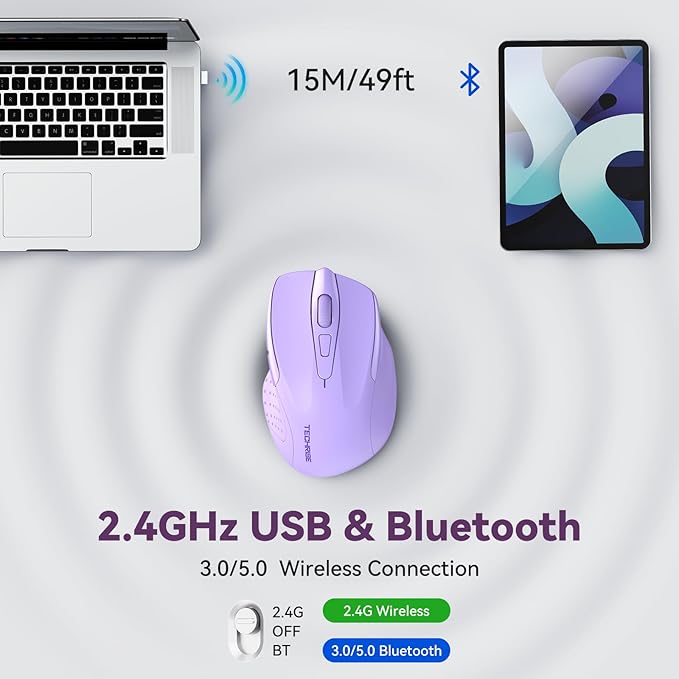Bluetooth Mouse (BT5.0/3.0 & 2.4G) Rechargeable Wireless Mouse, 4800 DPI Optical Tracking, 6 Adjustable DPI, 2.4GHz with USB A Receiver, Quiet Clicks, Ergonomic Grips, 6 Buttons - Lavender