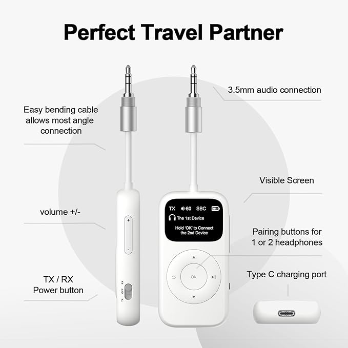 SoundSync Pro Bluetooth Transmitter & Receiver for Airplane, Easy Setup Bluetooth Audio Transceiver for 2 BT Devices, Volume Control, RCA for TV
