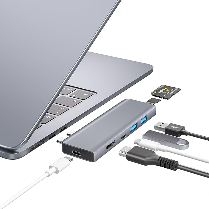 USB C Hub, USB C Adapter, 7 in 2 USB-C Hub for MacBook with Thunderbolt 4, 4K HDMI, Type C, 2 USB A, SD/TF Card Reader, Compatible with MacBook Pro 2016-2024, MacBook Air 2018-2025 (Spacegray)