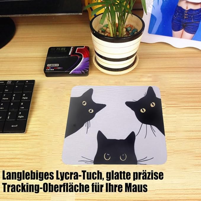 Mouse Pad, Gaming Mouse Pad, Non-Slip Rubber Base Mouse Mat with Designs for Laptop, Computer & Office, 9.5 x 7.9 x 0.12 inches (Black cat face)