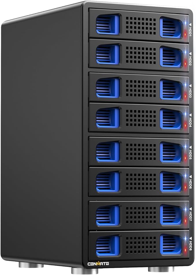 8 Bay Hard Drive Enclosure with Cooling Fan for 2.5/3.5" SATA HDD/SSD with USB A/C 3.0 Cable, 3.5 Hard Drive Enclosure Supports 160TB Capacity, Tool-Free HDD Enclosure, DAS(NO RAID/NAS)